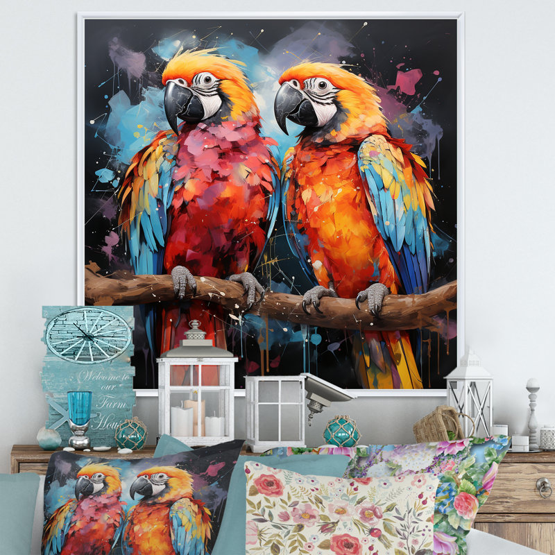 «Vibrant Duets S - Parrot S», art mural, salon, H 24 po x l 24 po, Cadre flottant blanc