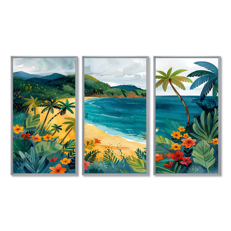 «Orange Green Coastal Beach In Mexico III», ensemble de reproductions d'art mural, Toile argentée avec cadre flottant