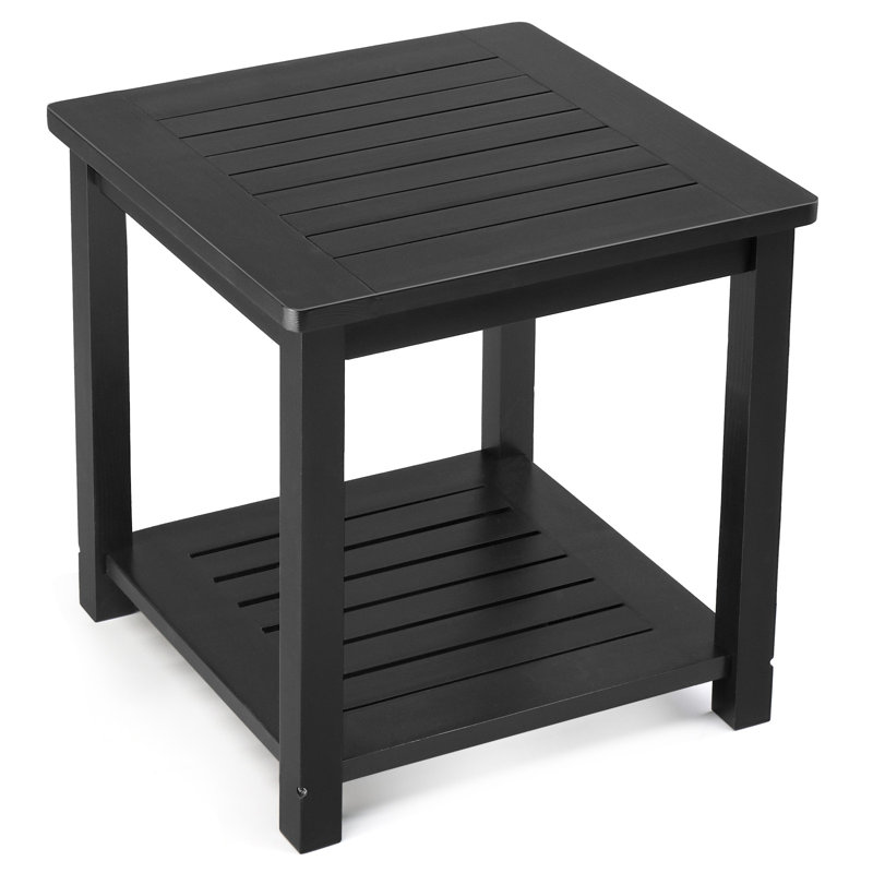 Black Solid Wood 2-Tier Square Patio Side Table, Black
