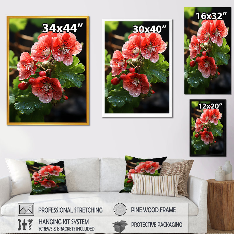 Geraniums roses sous le soleil - géraniums, art mural, H 20 po x l 12 po x P 1 po, Cadre simple blanc
