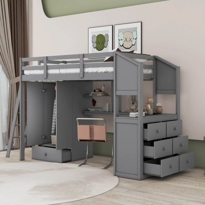 Lit mezzanine simple avec garde-robe et tiroirs Harichand
