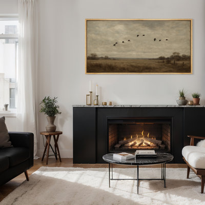 «Birds Flying Across Open Meadow Country Field», reproduction d'art sur toile encadrée