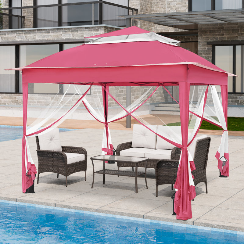 11 Ft. W x 11 Ft. D Outdoor Pop Up Soft Top Steel Patio Gazebo with Netting, Deep Pink