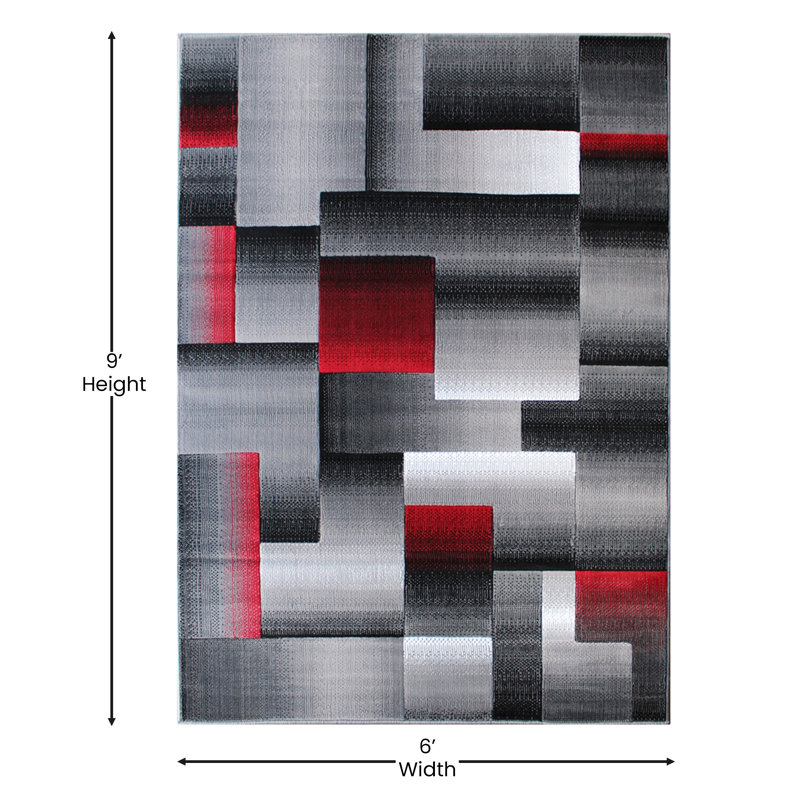 Tapis intérieur rouge et gris à motif géométrique de style moderne Abbie-May, Rectangle 6 pi x 9 pi