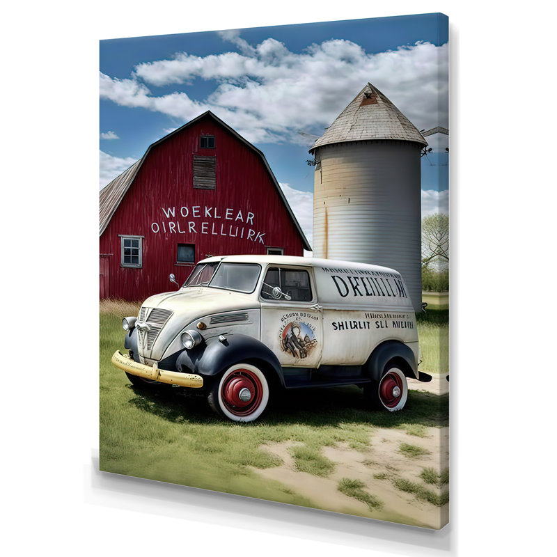 Camion à lait à la grange - photographie sur toile, H 20 po x l 12 po x P 1 po, Toile tendue