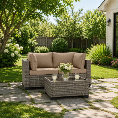 2-Person All-Weather Rattan Sofa Set, Outdoor Sofa with Cushions & Glass Table