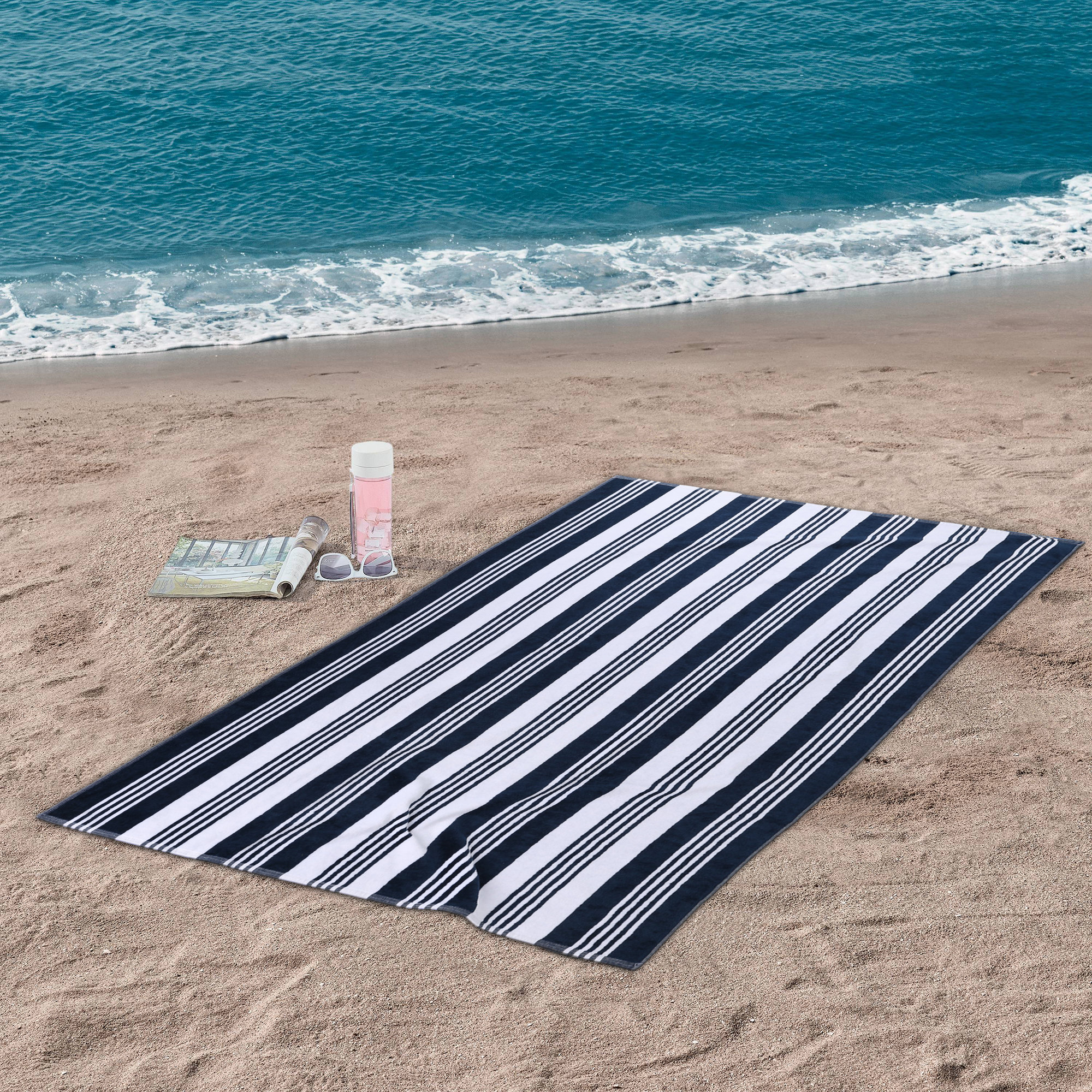 Makenna 100% Cotton Oversized Quick Dry Striped Beach Towel, White/Blue