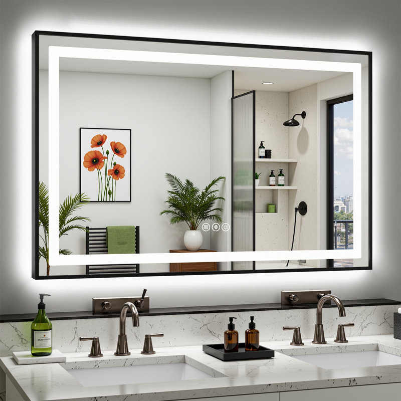 Adorna UL Certified Dimmable LED Bathroom Mirror with 3-Color Lighting, Anti-Fog & Sleek Black Frame, 55" x 36"