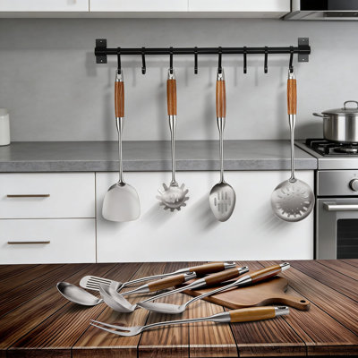 Ensemble d'ustensiles de cuisine 9 pièces en acier inoxydable avec poignées en bois résistantes à la chaleur, outils de cuisson en métal de qualité professionnelle 304, y compris spatule, cuillères, louche et écumoire