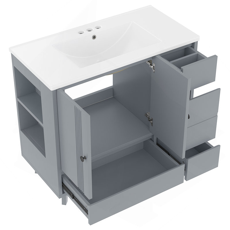 Meuble-lavabo de salle de bain avec lavabo, 4 tiroirs et support de rangement latéral, Gris