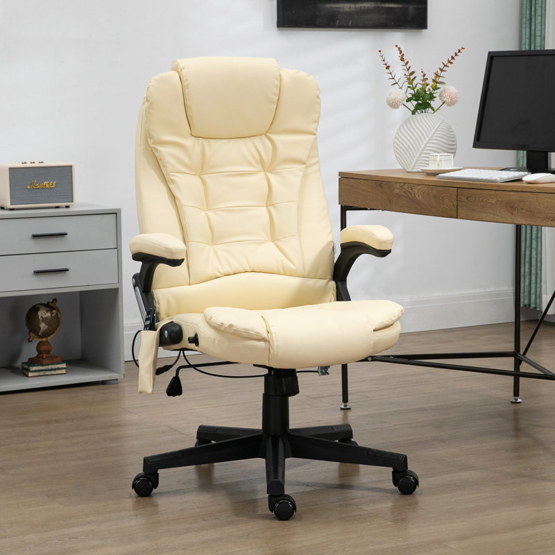 HOMCOM High Back Vibration Massage Office Chair with 6 Vibration Points,Heated Reclining PU Leather Computer Chair with Armrest and Remote,Beige