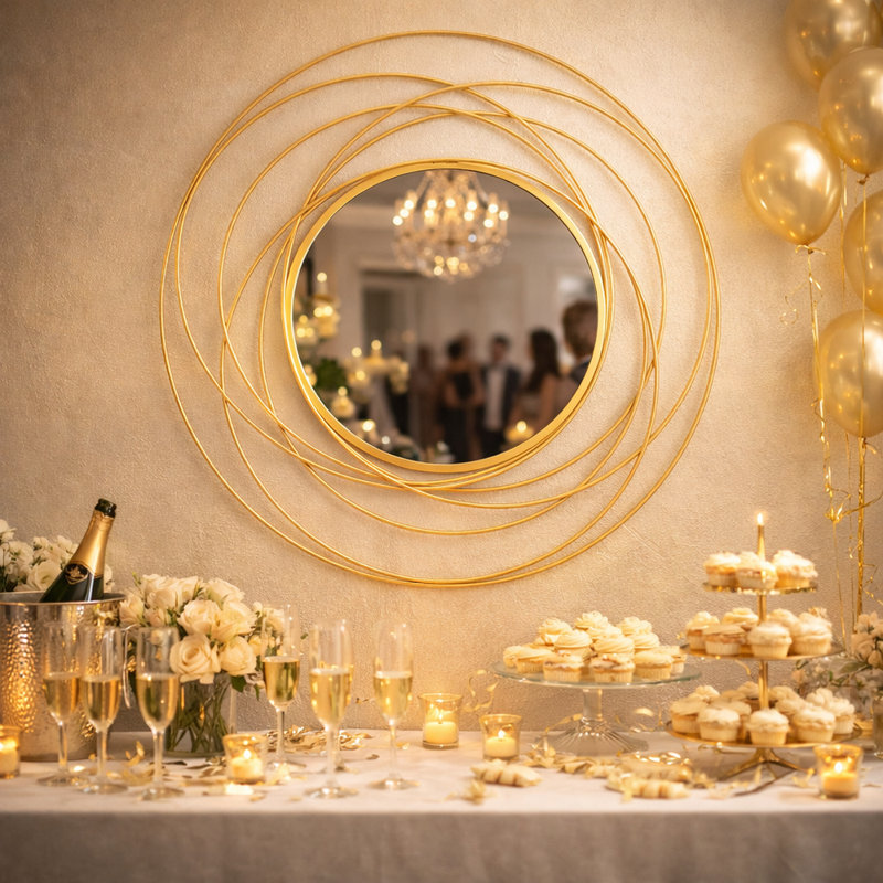 Miroir mural rond en métal, miroir mural décoratif avec cercles superposés, Doré