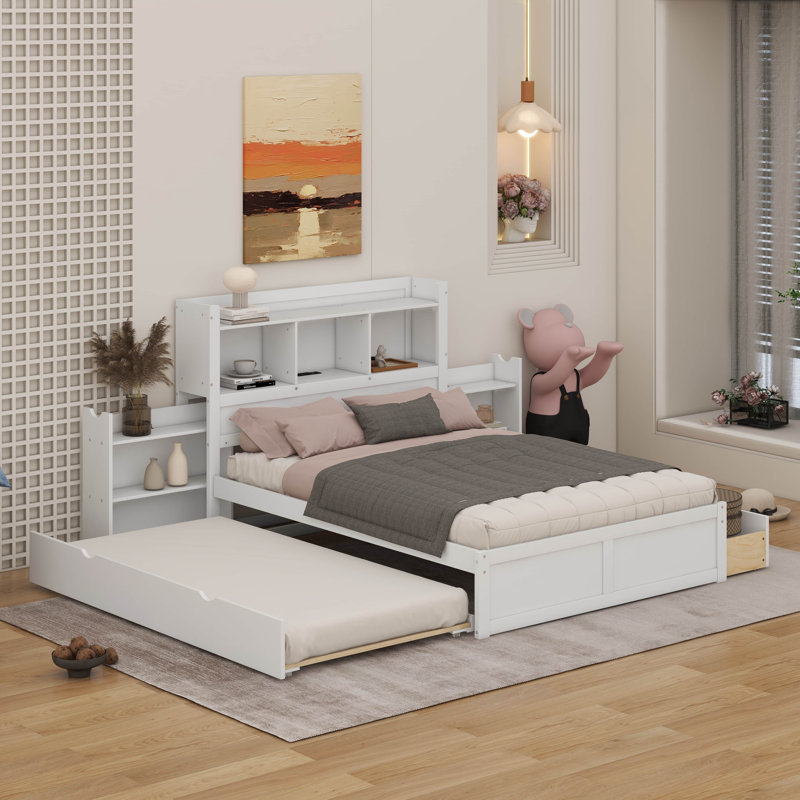 Lit plateforme pleine grandeur avec tablettes coulissantes, lit gigogne simple et 2 tiroirs, White