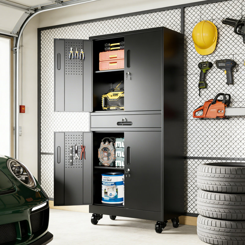 Armoire de rangement en métal avec tiroir, armoire de garage 71 po avec portes verrouillables et 2 tablettes réglables, armoire à outils robuste avec panneau perforé, 8 crochets et roulettes pour le bureau à domicile