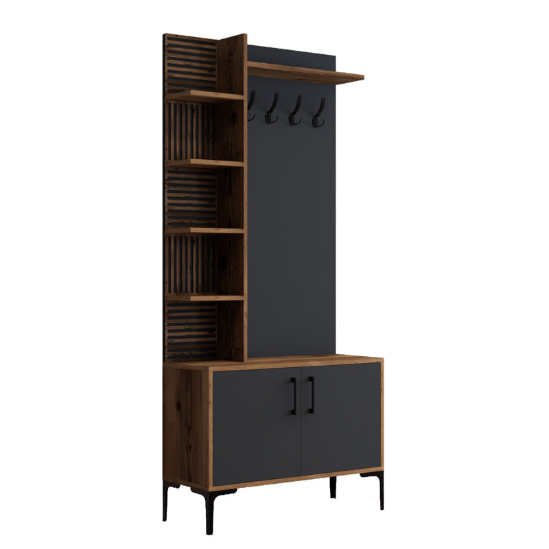 Hall Tree 35.4'' Wide With Shoe Storage, Walnut Anthracite