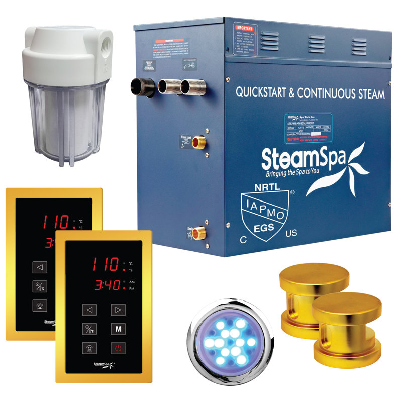 Ensemble de générateur de bain à vapeur en acier inoxydable à démarrage rapide Steamspa Royal Series 12 kW à finition dorée brillante