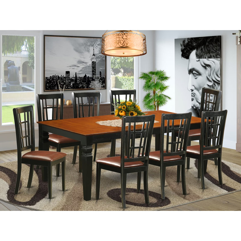 Ensemble de table de salle à manger 9 pièces moderne comprenant une table rectangulaire en bois avec feuille papillon et 8 chaises en similicuir, noir et cerise
