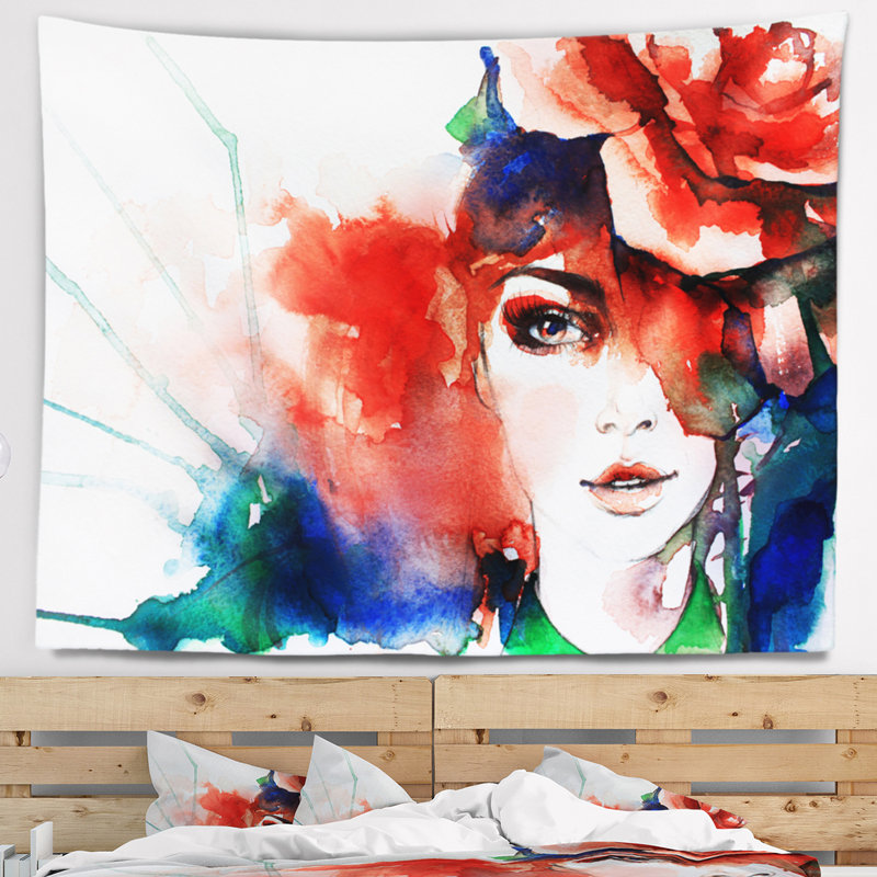 Femme abstraite avec tapisserie d'illustration de rose, H 32 po x l 39 po
