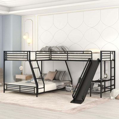 L-Shaped Over Bunk Bed with Loft Bed, Integrated Built-In Desk and Slide for Enhanced Comfort and Fun in Sleeping Spaces