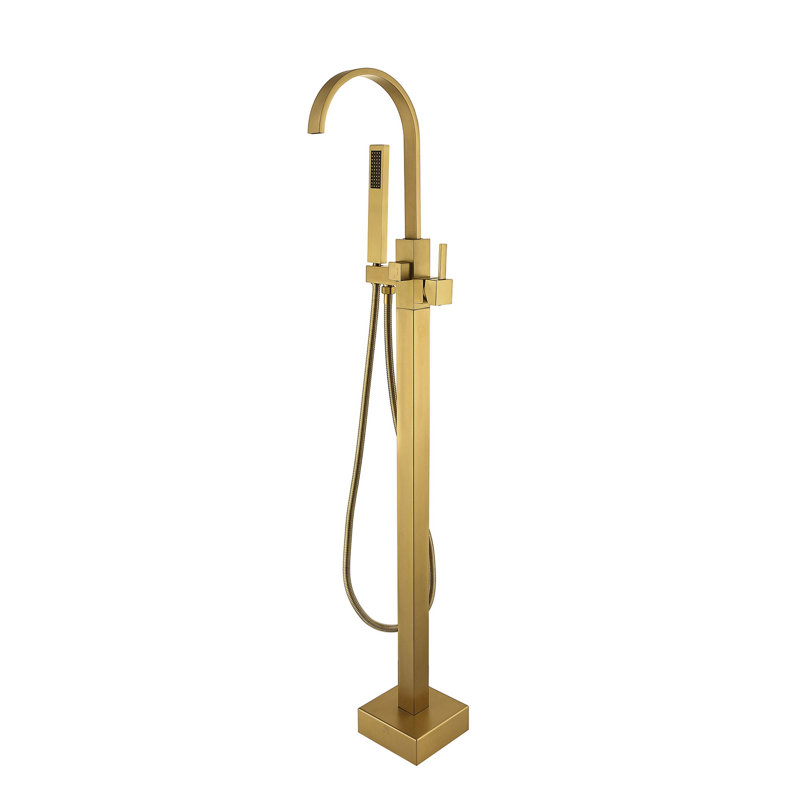 Robinet de baignoire autoportant à poignée simple classique avec douche à main, Laiton brossé