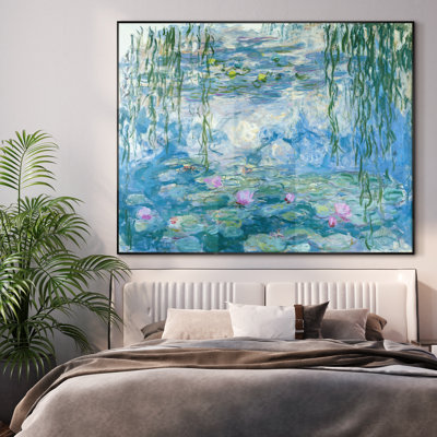 Extra Large Wall Art Fabric Print - Water Lilies Pond Impressionist Nature for Tranquil or Spa Artwork Decor for Living Room or Bedroom - "Frame Assembly Required (Unfinished Frame)"