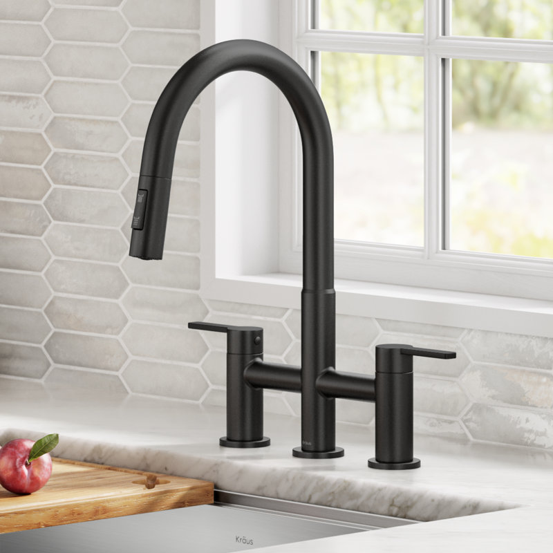 KRAUS Oletto Bridge Kitchen Faucet with Pull-Down Sprayhead, Matte Black