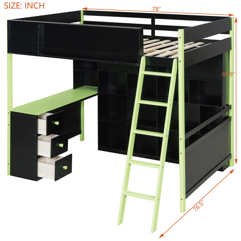 Full Size Wood Loft Bed with Built-in Desk, Storage Shelves and LED Light, Space-Saving Design, Green, Green/Black