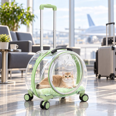 Transparent Rolling Cat Carrier with Wheels, Telescoping Handle and Shoulder Strap