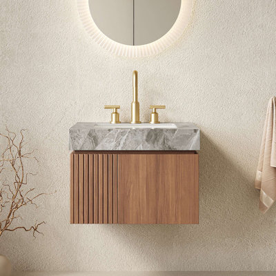 Meuble-lavabo de salle de bain, meuble de rangement flottant en contreplaqué avec 2 portes, comptoir en pierre frittée et lavabo en céramique avec 3 trous de robinet pré-percés, pré-assemblé