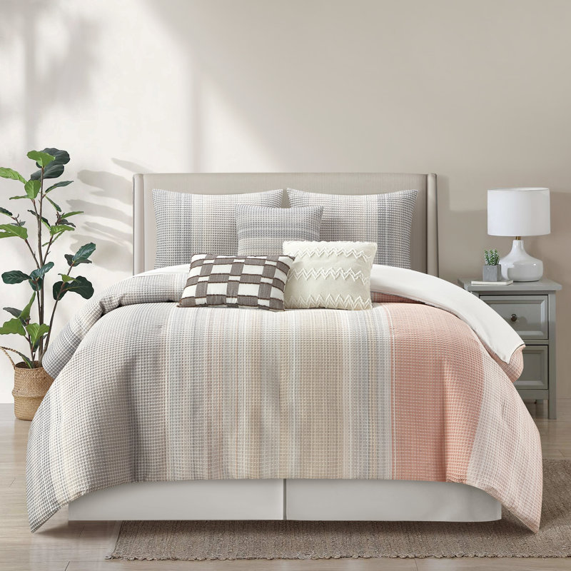 Cosette Ombre Stripes Comforter Set, King + 6 Additional Pieces, Gray/Pink Striped