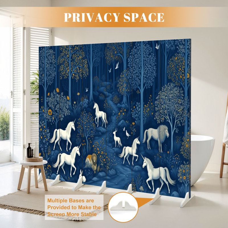 Paravent pliant à 6 panneaux, séparation de pièce, décor royal et féerique de forêt bleue avec chevaux blancs, arbres et faune sauvage, en toile, séparateur de pièce autoportant, cloison de protection pour plus d'intimité