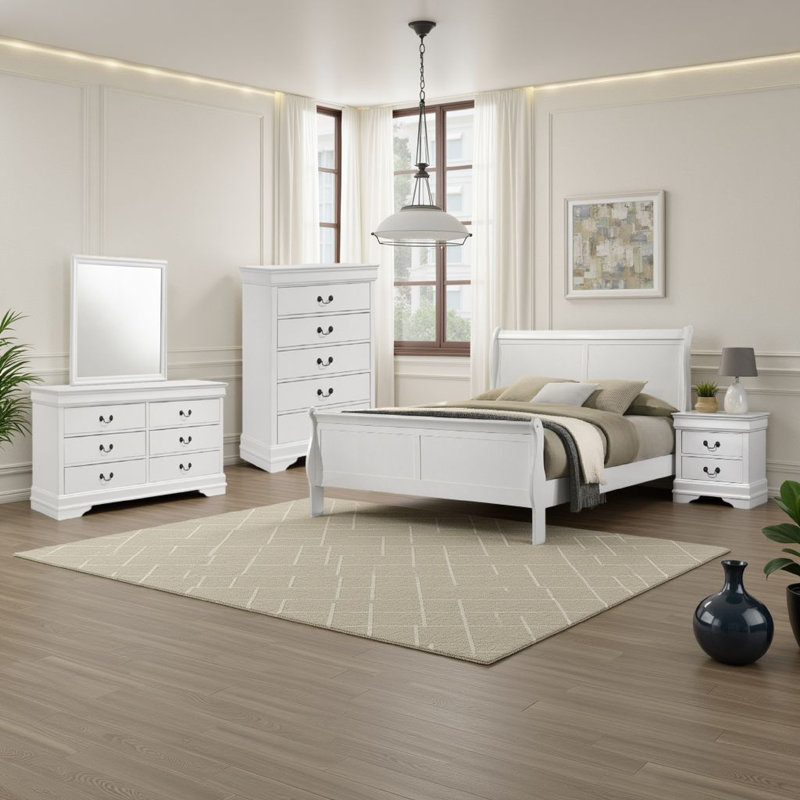 Ensemble de chambre à coucher grand 5 pièces Nim, panneau de traîneau, placage d'okoumé blanc, Grand lit