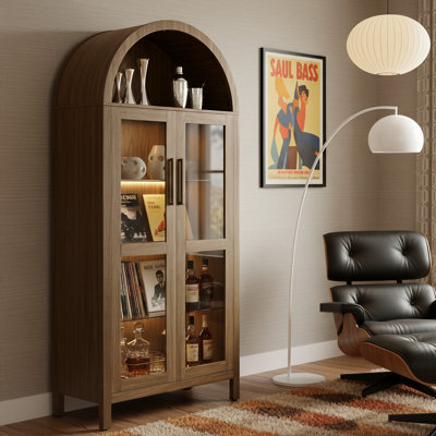 67"H X 30"W Tall Arched Storage Cabinet With LED Light & Glass Doors, Storage Cabinet With Adjustable Shelves