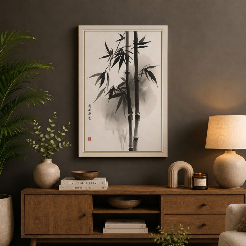 Bamboo in Mist Japandi - Wrapped Canvas, 24x16 - 61.0 x 40.6 cm, Terracotta Border