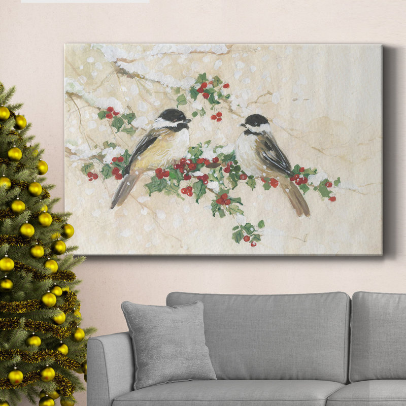 Chickadees and Holly, toile tendue avec châssis de qualité supérieure - prête à être accrochée, H 18 po x l 12 po x P 1 po