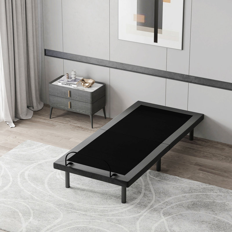 Twin XL Black Adjustable Metal Bed Frame with Upholstered Headboard