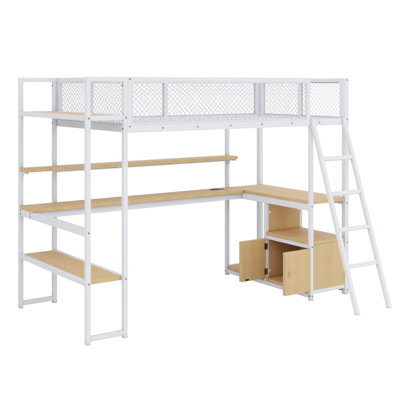 Lit mezzanine moderne en métal de taille simple avec bureau en L et luminaires à DEL, Blanc
