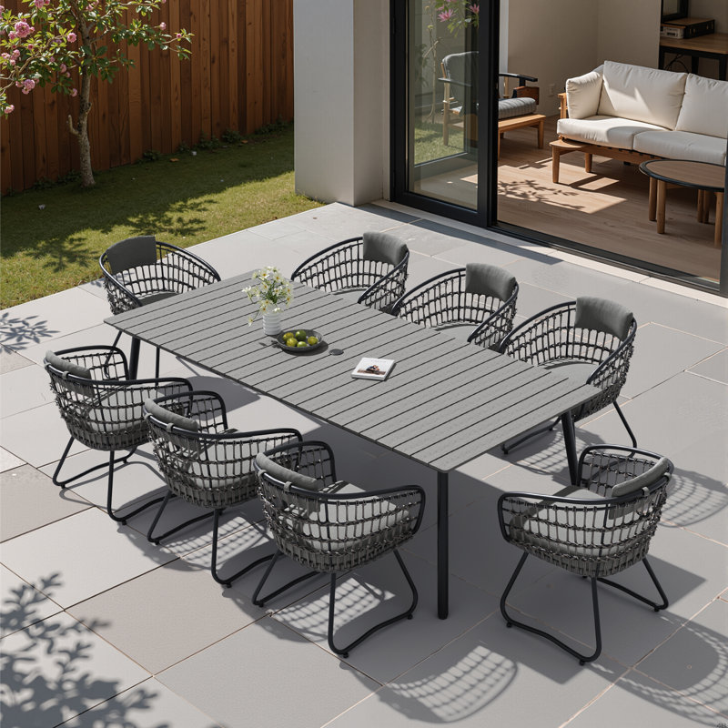 8 - Person Metal Patio Dining Set With Removable Cushions And Umbrella Hole, Gray Cushion/Dark Gray Table Top