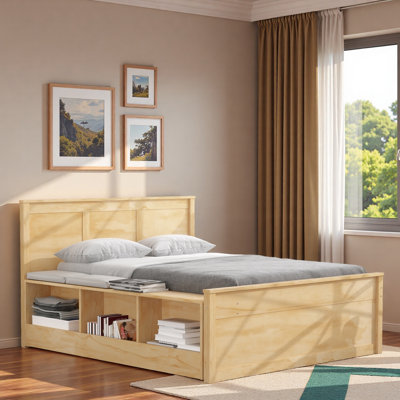 Lit plateforme en bois avec lit gigogne escamotable et compartiments de rangement latéraux
