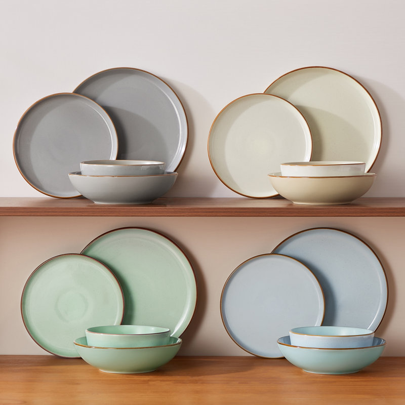 RENIOO Stoneware Dinnerware Set 16 Piece - Service for 4, Gray/Blue/Green