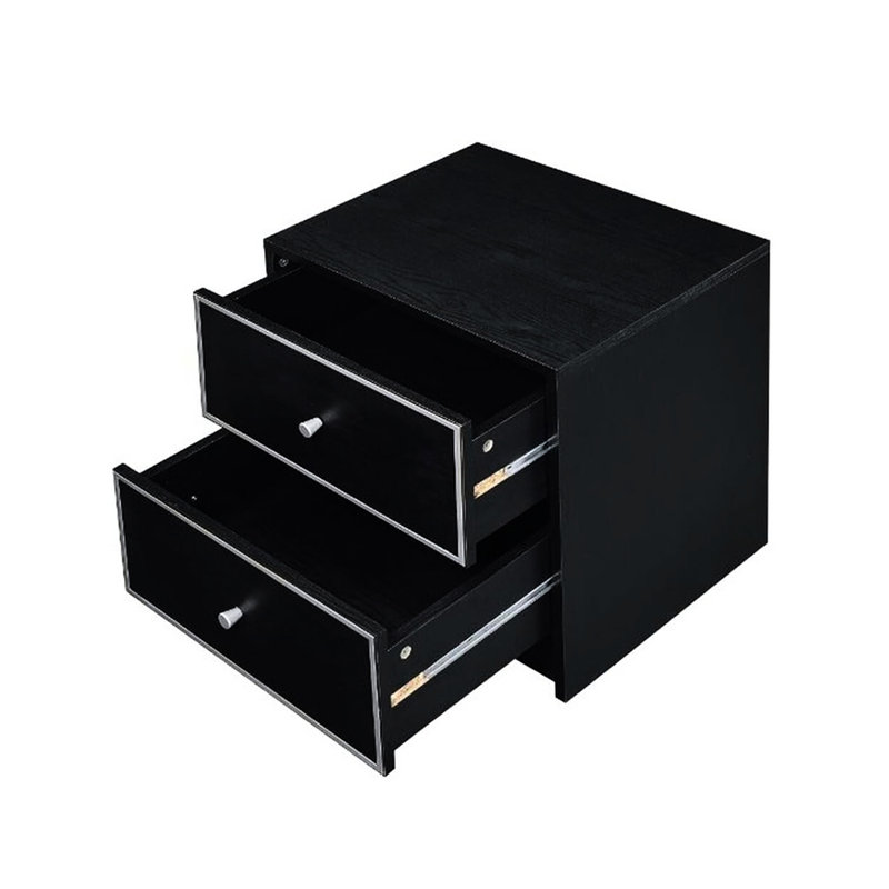 Table de chevet 2 tiroirs de rangement en noir et argent, finition argentée ferme