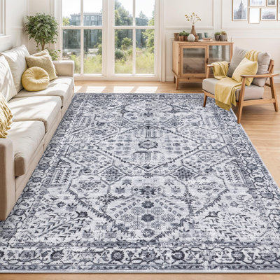 Washable Area Rug, Boho Vintage Low Pile Non-Slip Foldable Faux Wool Medallion, Grey, 5'x7'