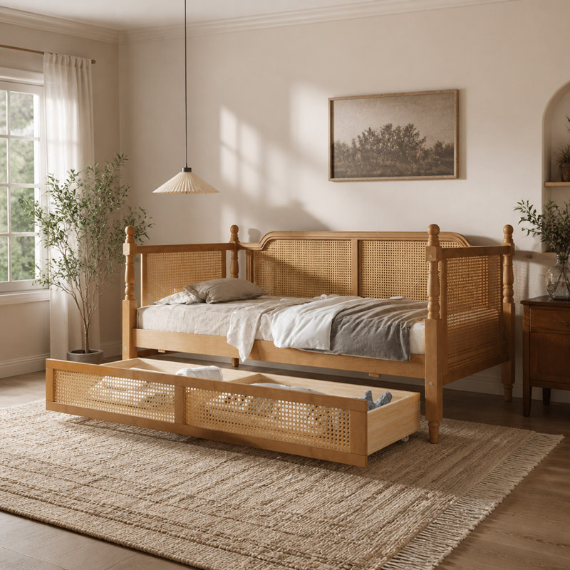 Rattan Daybed With 2 Drawers For Limited Space, Guest Room, No Box Spring Needed, Full/Double, Walnut