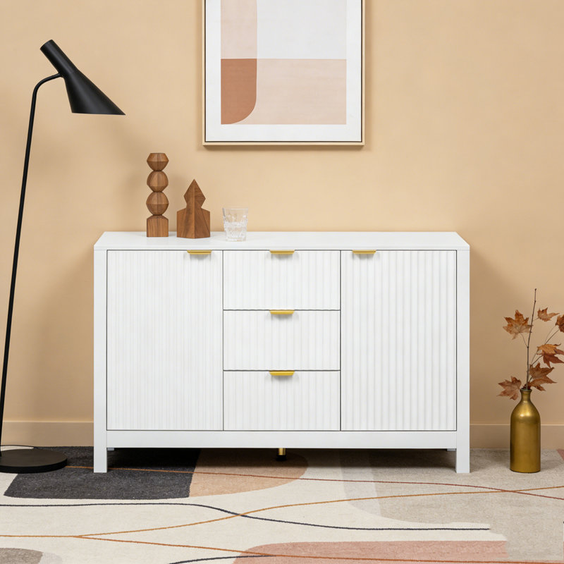 Buffet à motif ondulé - 3 tablettes réglables, 3 tiroirs et portes à fermeture en douceur, White