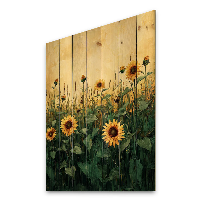 Summer Sunflower Meadow In The Prairies III - Sunflowers Wood Wall Art - On Natural Pine Wood, 40" H x 30" W x 0.78" D