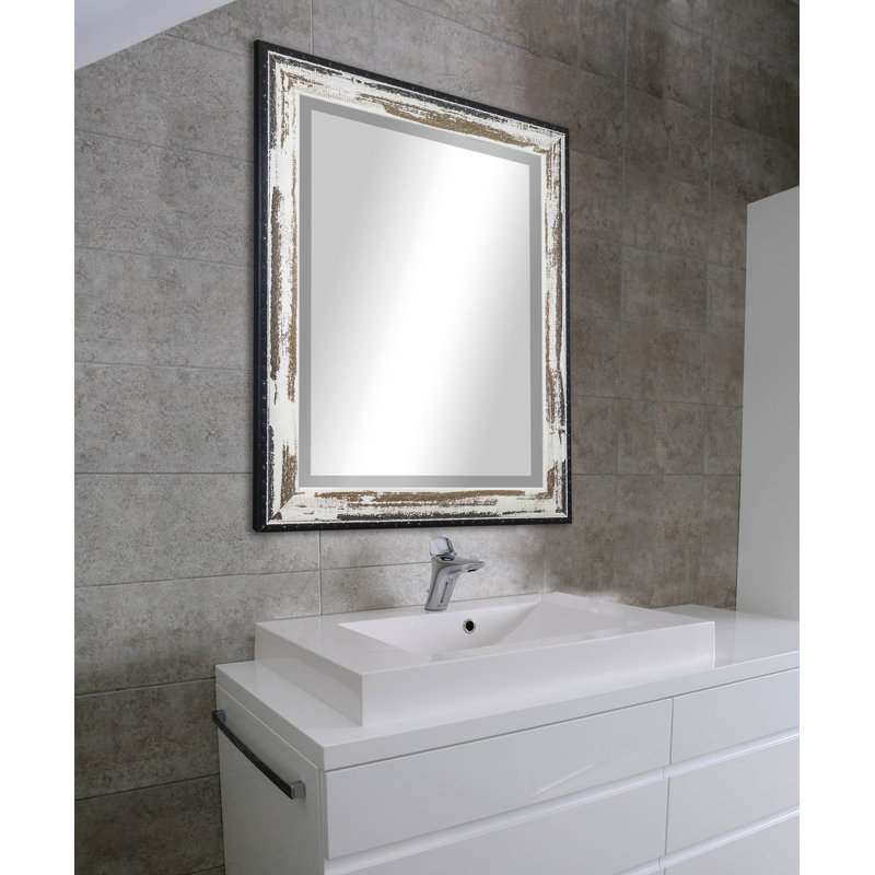 Solid Wood Flat Wall Mirror, Brown/Cream Distressed, 35.5" H x 35.5" W