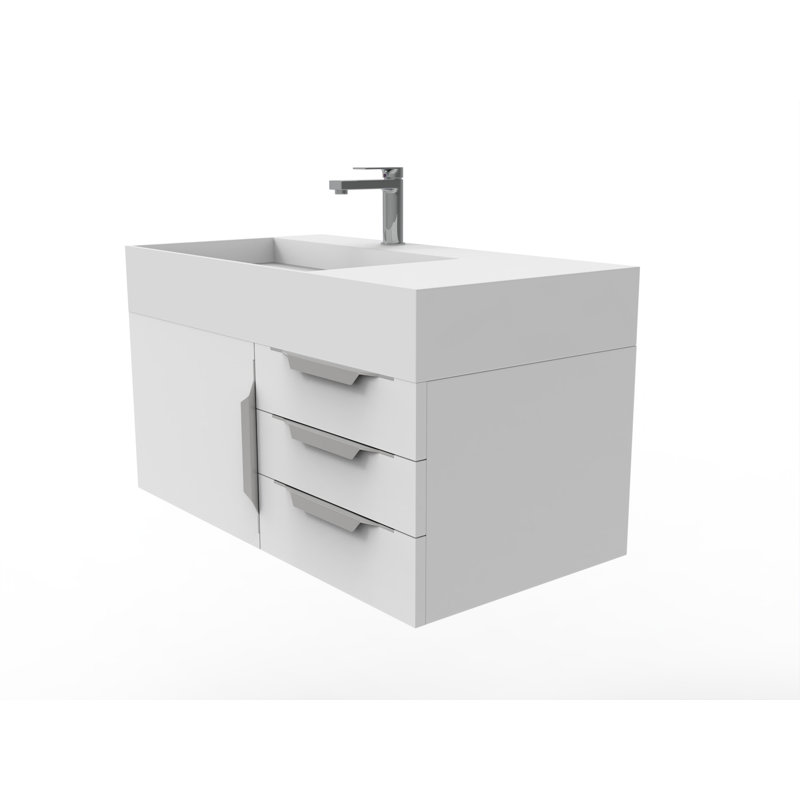 Ensemble de meuble-lavabo mural simple 36 po Bassi, Blanc, Blanc, Chrome
