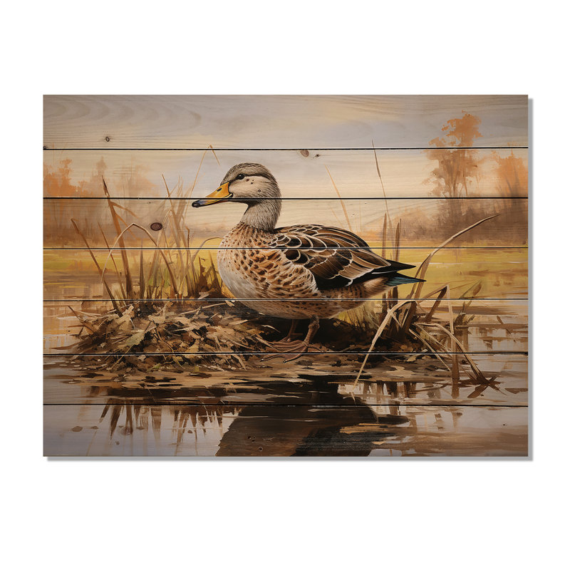 «Waddling Duck In The Countryside I - Canard animal sur bois», H 10 po x l 20 po