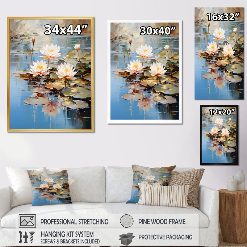 Nymphéas, série Claude Monets II sur toile, 32" H x 24" W, Cadre flottant doré