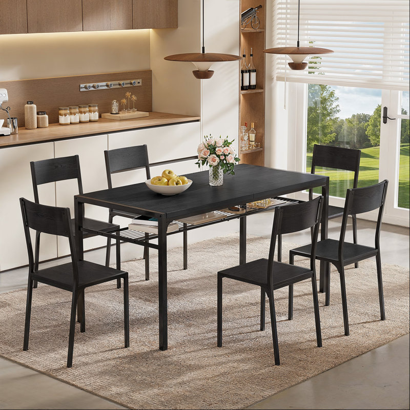 7-Piece Modern Dining Table Set for 6, Industrial Kitchen Table with Under-Table Storage Shelf and 6 Chairs, Space-Saving Design for Small Space, Dining Room, Living Room, Black Wood